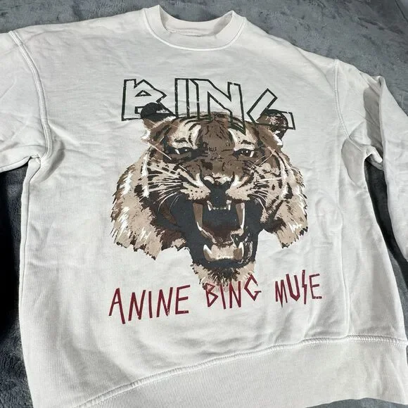 Anine Bing Muse Sz S Tiger Sweatshirt Beige Fleece Pullover Glam Minimalist Art - Picture 3 of 13